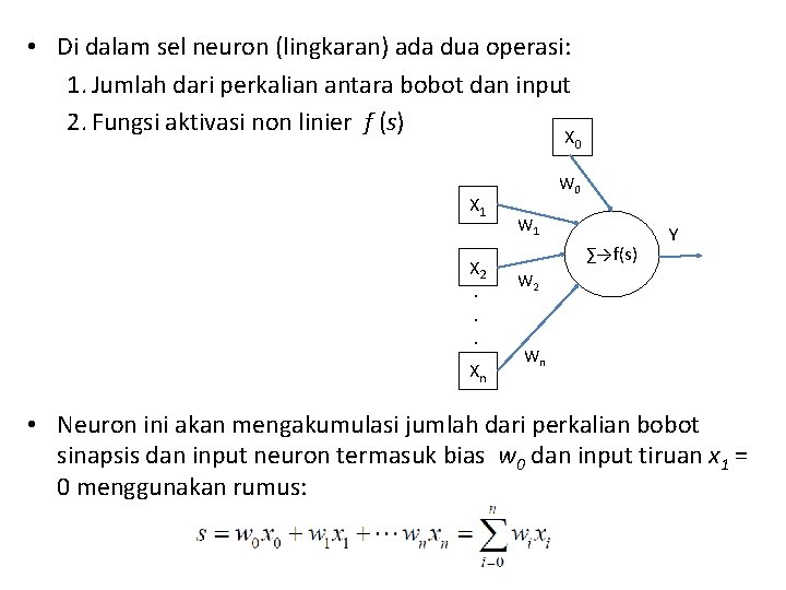  • Di dalam sel neuron (lingkaran) ada dua operasi: 1. Jumlah dari perkalian