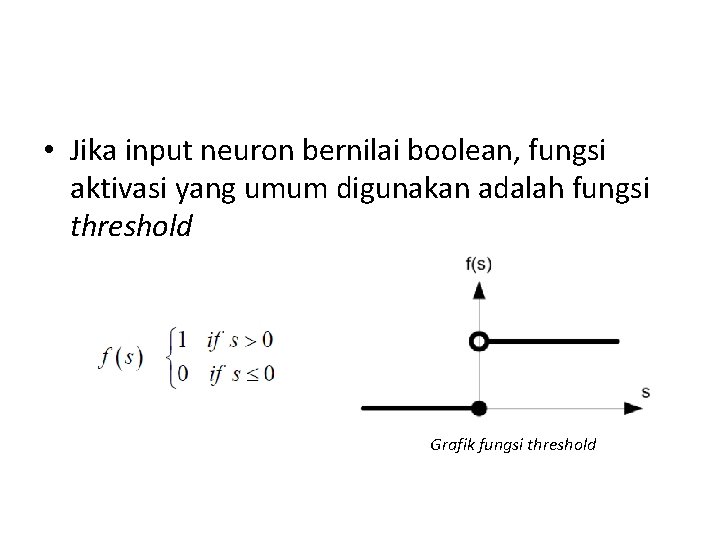  • Jika input neuron bernilai boolean, fungsi aktivasi yang umum digunakan adalah fungsi