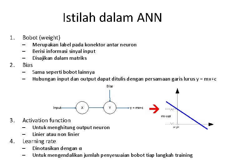 Istilah dalam ANN 1. 2. Bobot (weight) – – – Merupakan label pada konektor