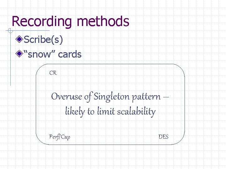 Recording methods Scribe(s) “snow” cards CR Overuse of Singleton pattern – likely to limit