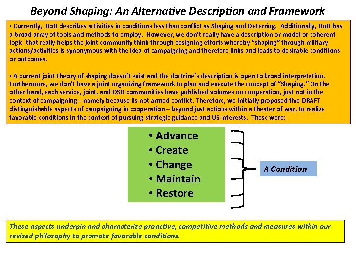 Beyond Shaping: An Alternative Description and Framework • Currently, Do. D describes activities in