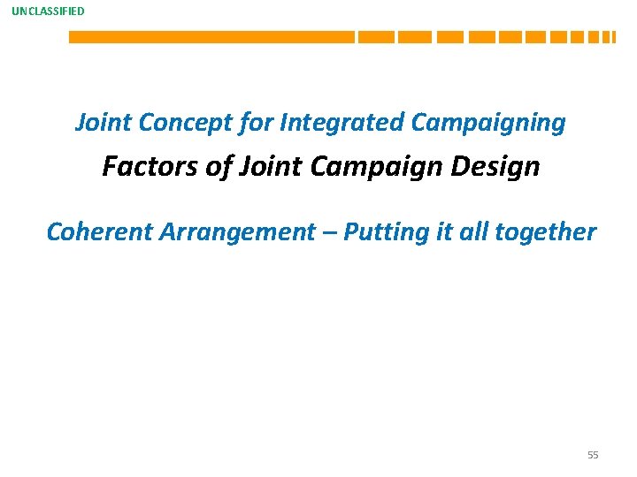 UNCLASSIFIED Joint Concept for Integrated Campaigning Factors of Joint Campaign Design Coherent Arrangement –