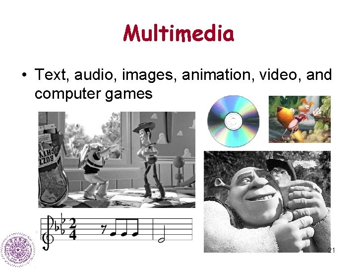 Multimedia • Text, audio, images, animation, video, and computer games 21 
