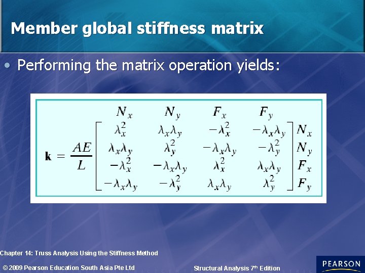 Member global stiffness matrix • Performing the matrix operation yields: Chapter 14: Truss Analysis