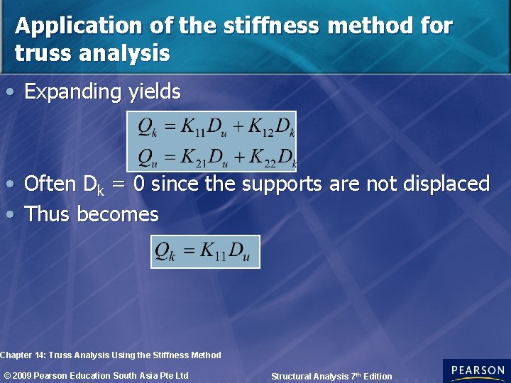 Application of the stiffness method for truss analysis • Expanding yields • Often Dk