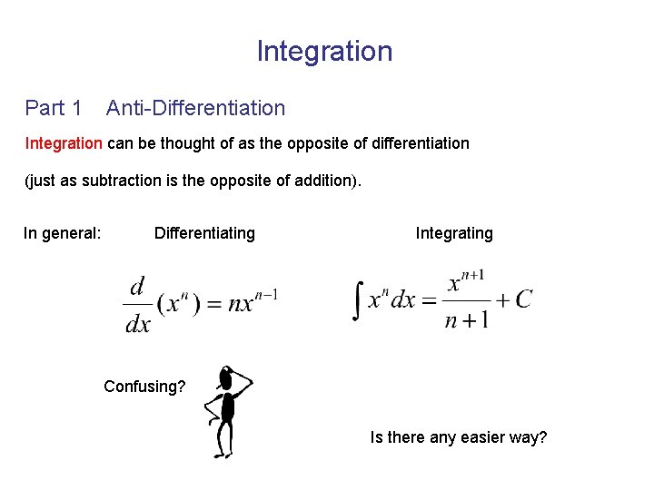 Integration Part 1 Anti-Differentiation Integration can be thought of as the opposite of differentiation