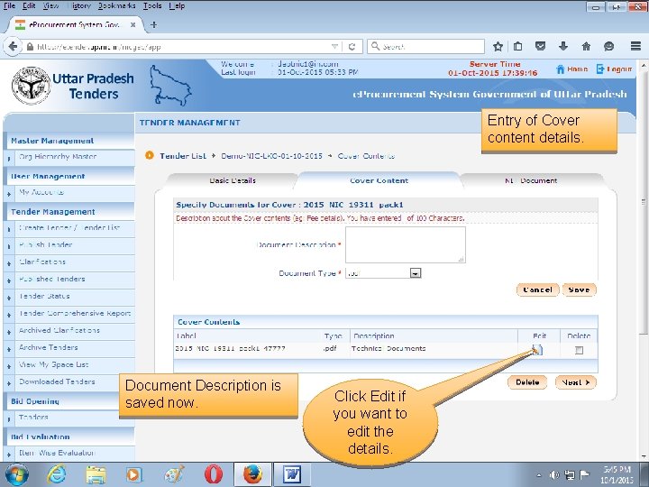 Entry of Cover content details. Document Description is saved now. Click Edit if you