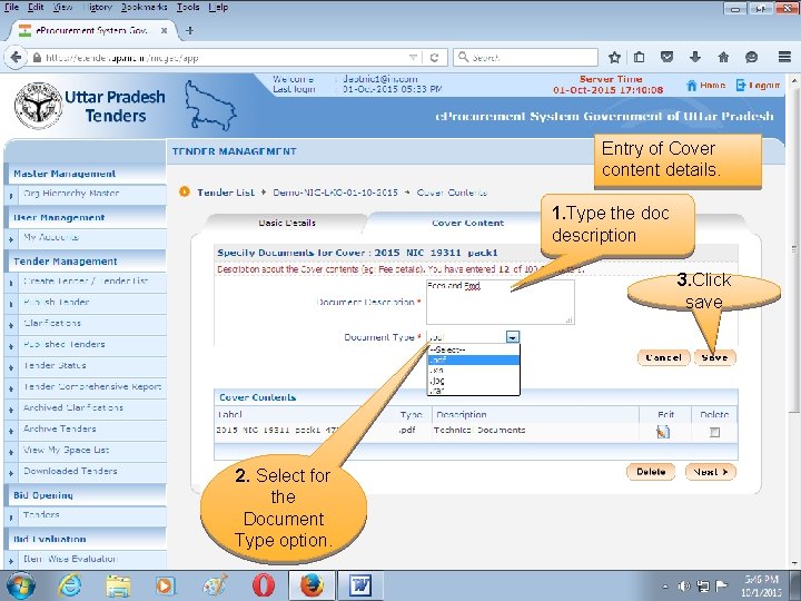 Entry of Cover content details. 1. Type the doc description 3. Click save 2.