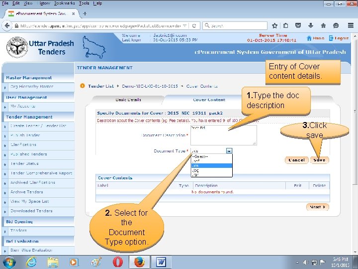 Entry of Cover content details. 1. Type the doc description 3. Click save 2.