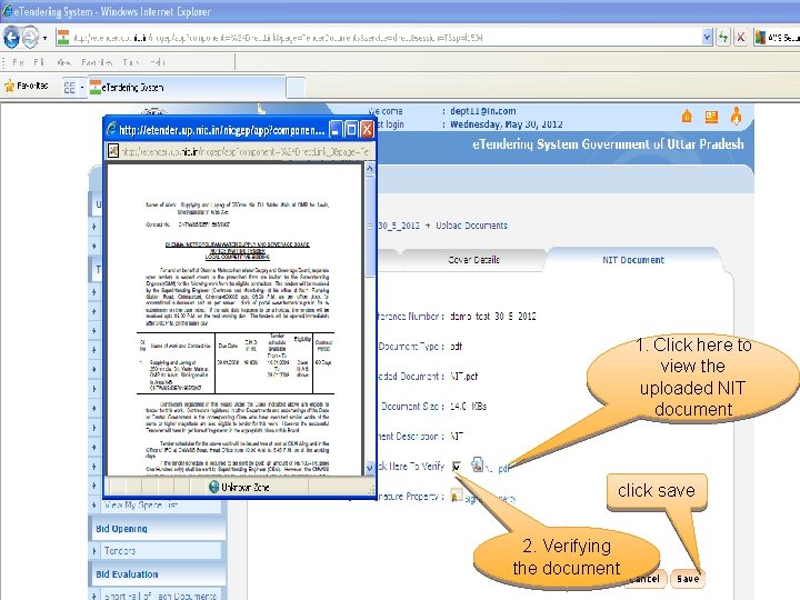 1. Click here to view the uploaded NIT document click save 2. Verifying the