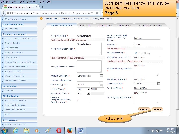 Work item details entry. This may be more than one item. Page: 6 Click