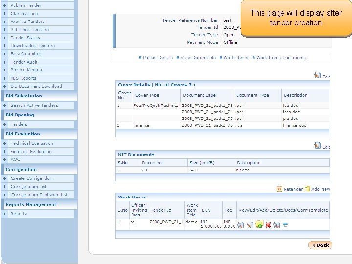 This page will display after tender creation 