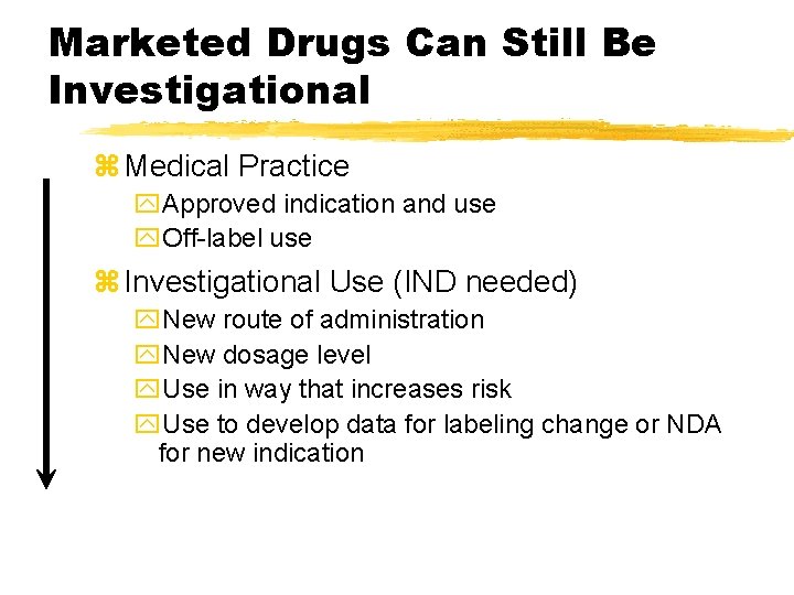 Marketed Drugs Can Still Be Investigational z Medical Practice y. Approved indication and use Marketed Drugs Can Still Be Investigational z Medical Practice y. Approved indication and use