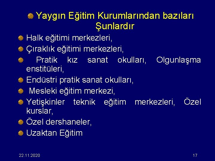 Yaygın Eğitim Kurumlarından bazıları Şunlardır Halk eğitimi merkezleri, Çıraklık eğitimi merkezleri, Pratik kız sanat