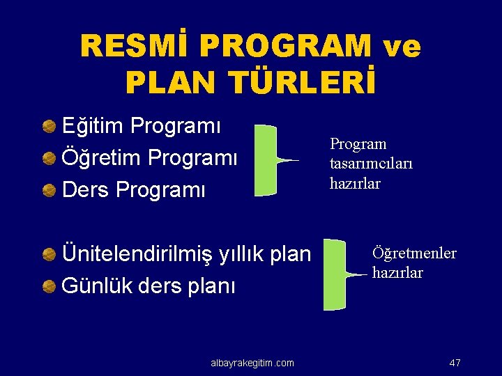 RESMİ PROGRAM ve PLAN TÜRLERİ Eğitim Programı Öğretim Programı Ders Programı Ünitelendirilmiş yıllık plan