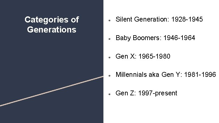 Categories of Generations ● Silent Generation: 1928 -1945 ● Baby Boomers: 1946 -1964 ●