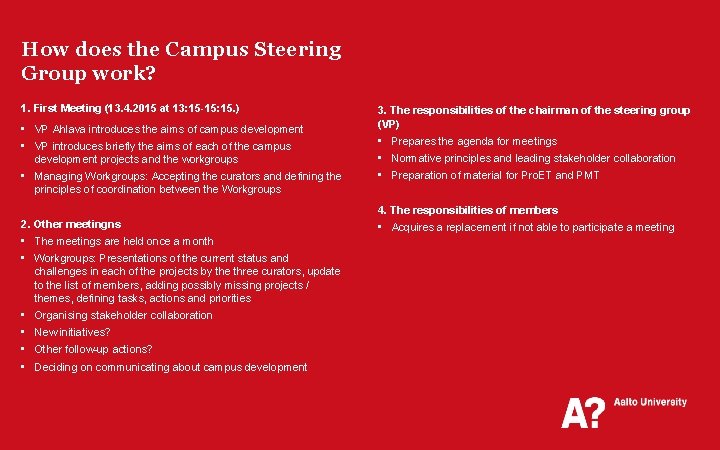How does the Campus Steering Group work? 1. First Meeting (13. 4. 2015 at