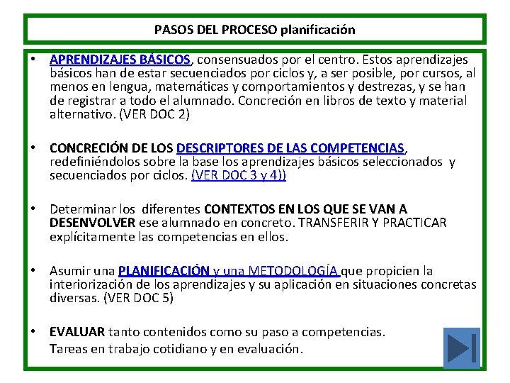 PASOS DEL PROCESO planificación • APRENDIZAJES BÁSICOS, BÁSICOS consensuados por el centro. Estos aprendizajes