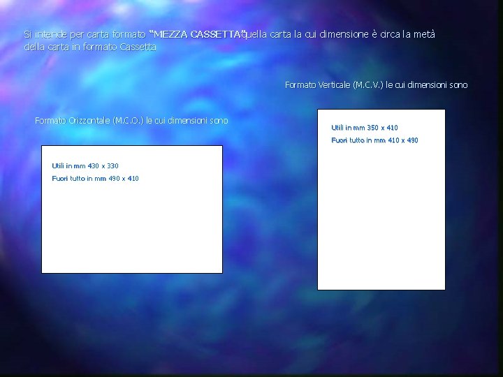 Si intende per carta formato “MEZZA CASSETTA”quella carta la cui dimensione è circa la