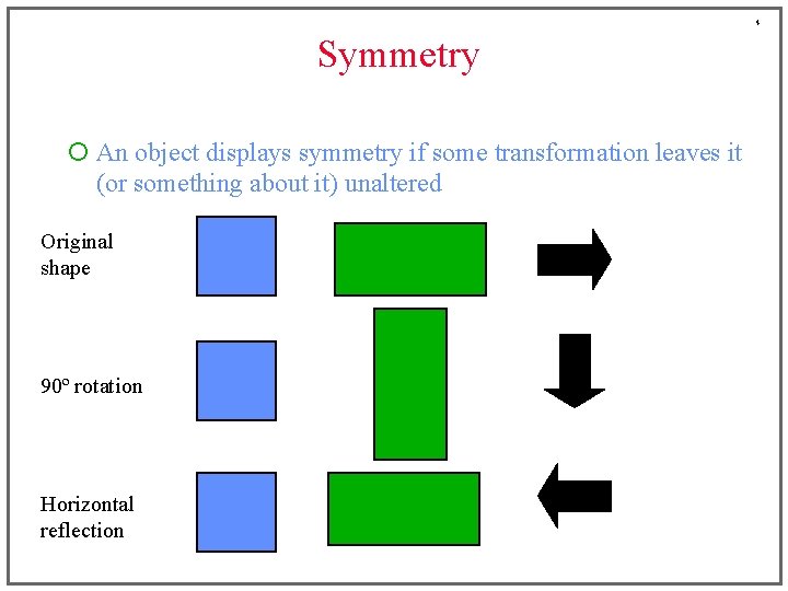 4 Symmetry ¡ An object displays symmetry if some transformation leaves it (or something