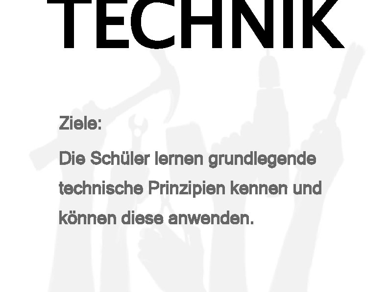TECHNIK Ziele: Die Schüler lernen grundlegende technische Prinzipien kennen und können diese anwenden. 