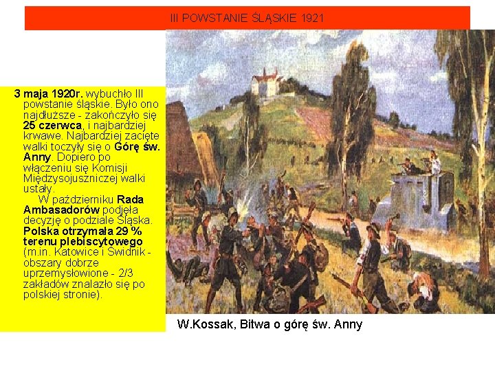 III POWSTANIE ŚLĄSKIE 1921 3 maja 1920 r. wybuchło III powstanie śląskie. Było ono