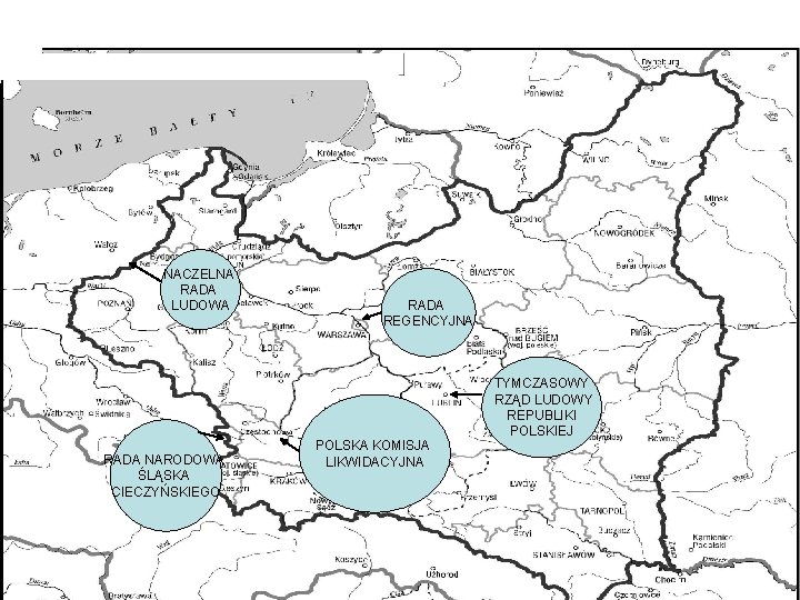 NACZELNA RADA LUDOWA RADA NARODOWA ŚLĄSKA CIECZYŃSKIEGO RADA REGENCYJNA POLSKA KOMISJA LIKWIDACYJNA TYMCZASOWY RZĄD