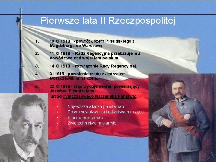 Pierwsze lata II Rzeczpospolitej 1. 10 XI 1918 - powrót Józefa Piłsudskiego z Magdeburga