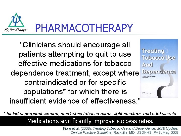 PHARMACOTHERAPY “Clinicians should encourage all patients attempting to quit to use effective medications for