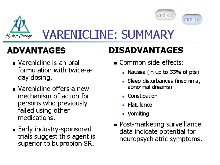 VARENICLINE: SUMMARY ADVANTAGES n n n Varenicline is an oral formulation with twice-aday dosing.