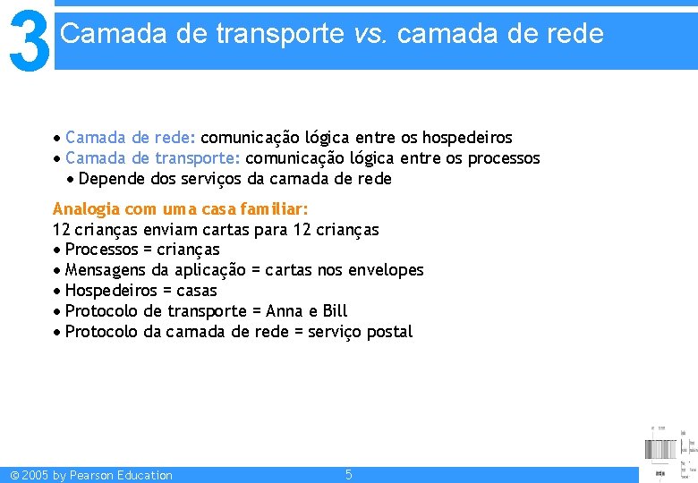 3 Camada de transporte vs. camada de rede Camada de rede: comunicação lógica entre