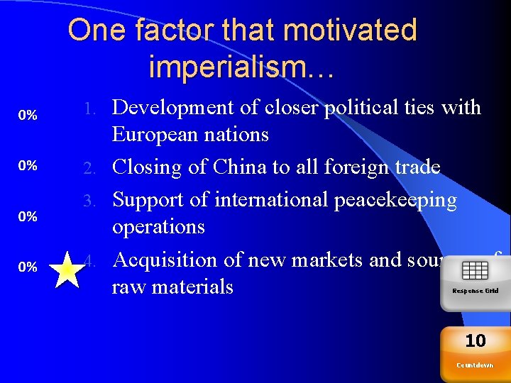 One factor that motivated imperialism… Development of closer political ties with European nations 2.