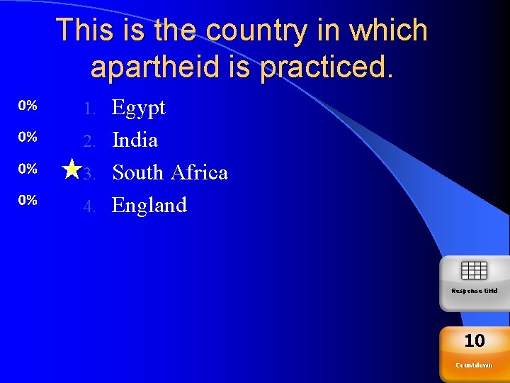 This is the country in which apartheid is practiced. Egypt 2. India 3. South