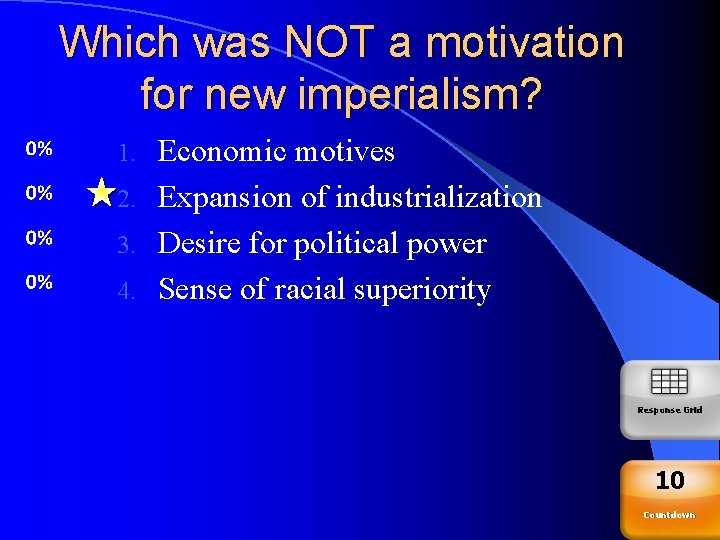 Which was NOT a motivation for new imperialism? Economic motives 2. Expansion of industrialization