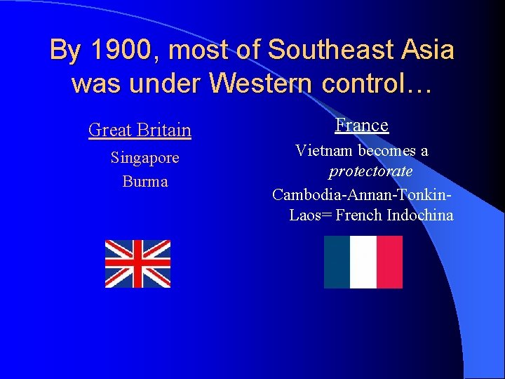 By 1900, most of Southeast Asia was under Western control… Great Britain Singapore Burma
