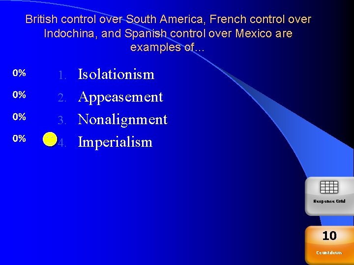 British control over South America, French control over Indochina, and Spanish control over Mexico