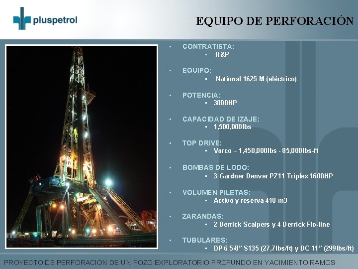 EQUIPO DE PERFORACIÓN • CONTRATISTA: • H&P • EQUIPO: • National 1625 M (eléctrico)