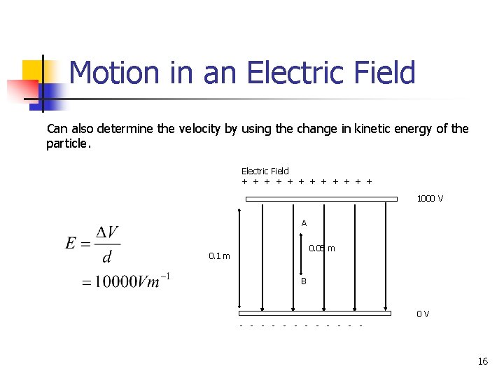 Motion in an Electric Field Can also determine the velocity by using the change