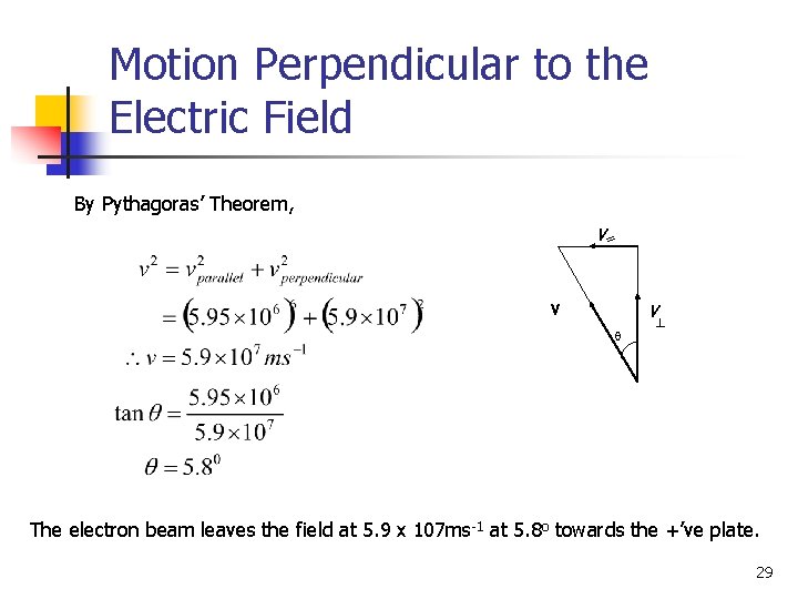 Motion Perpendicular to the Electric Field By Pythagoras’ Theorem, v v v The electron