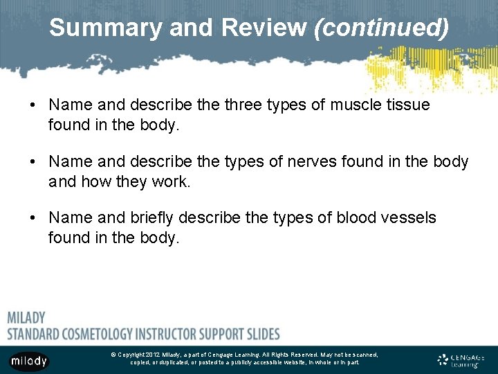 Summary and Review (continued) • Name and describe three types of muscle tissue found