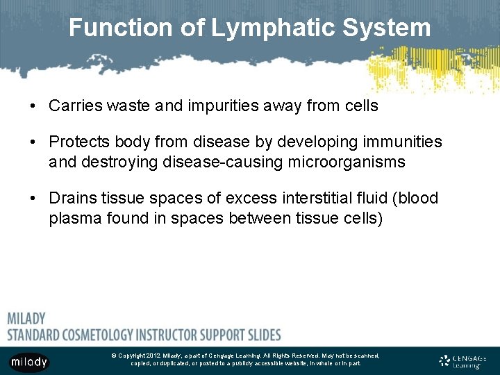 Function of Lymphatic System • Carries waste and impurities away from cells • Protects
