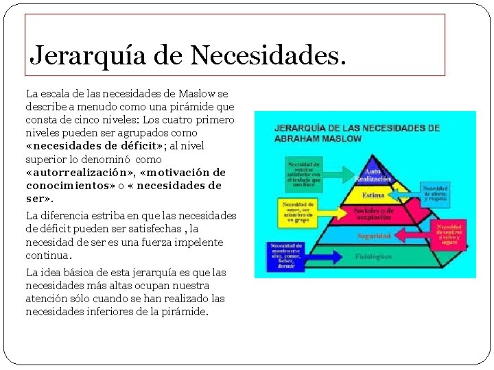 Jerarquía de Necesidades. La escala de las necesidades de Maslow se describe a menudo