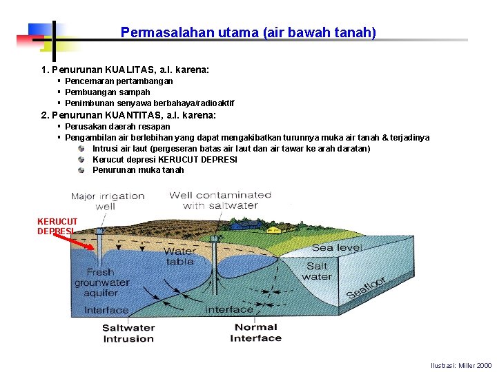 Permasalahan utama (air bawah tanah) 1. Penurunan KUALITAS, a. l. karena: § Pencemaran pertambangan