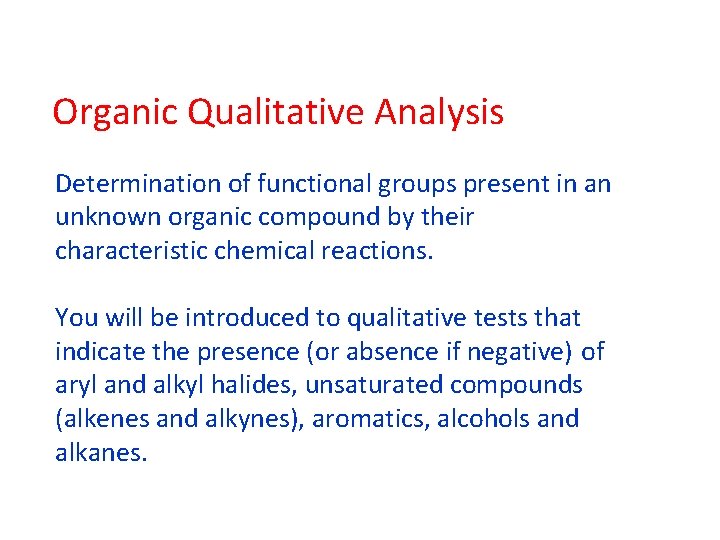 Organic Qualitative Analysis Determination of functional groups present in an unknown organic compound by
