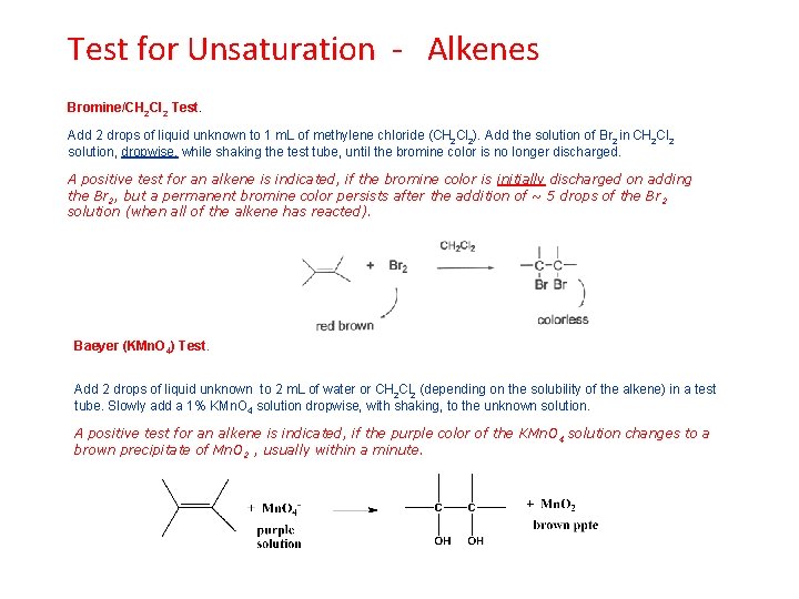 Test for Unsaturation - Alkenes Bromine/CH 2 Cl 2 Test. Add 2 drops of