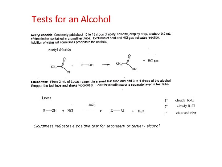 Tests for an Alcohol Cloudiness indicates a positive test for secondary or tertiary alcohol.