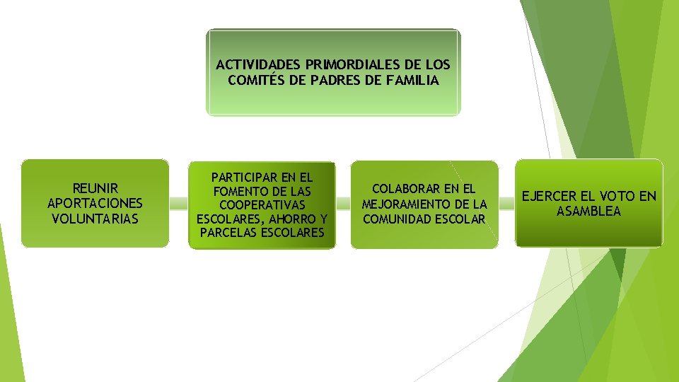 ACTIVIDADES PRIMORDIALES DE LOS COMITÉS DE PADRES DE FAMILIA REUNIR APORTACIONES VOLUNTARIAS PARTICIPAR EN