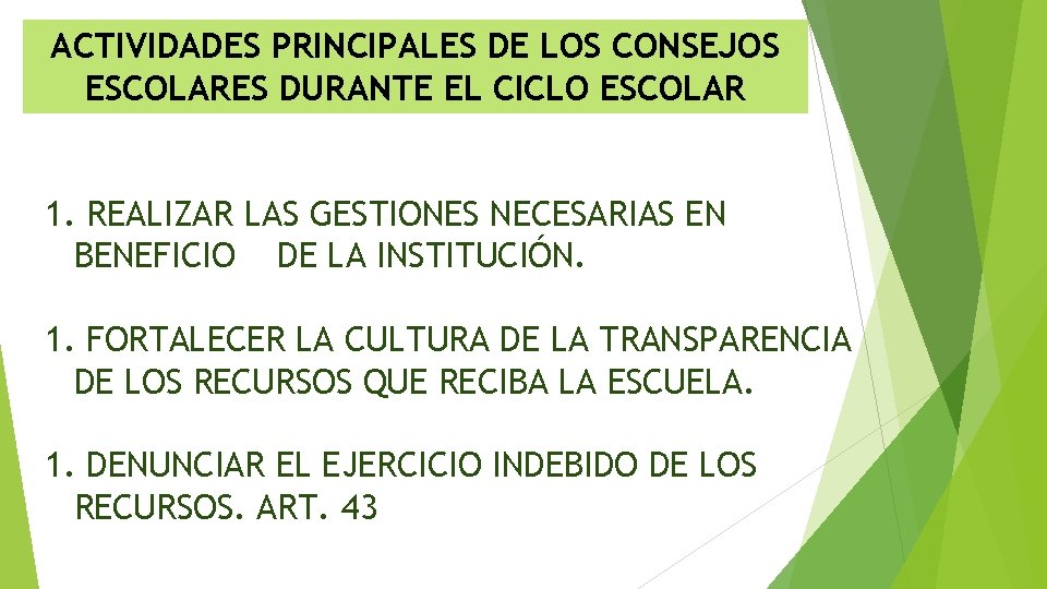 ACTIVIDADES PRINCIPALES DE LOS CONSEJOS ESCOLARES DURANTE EL CICLO ESCOLAR 1. REALIZAR LAS GESTIONES