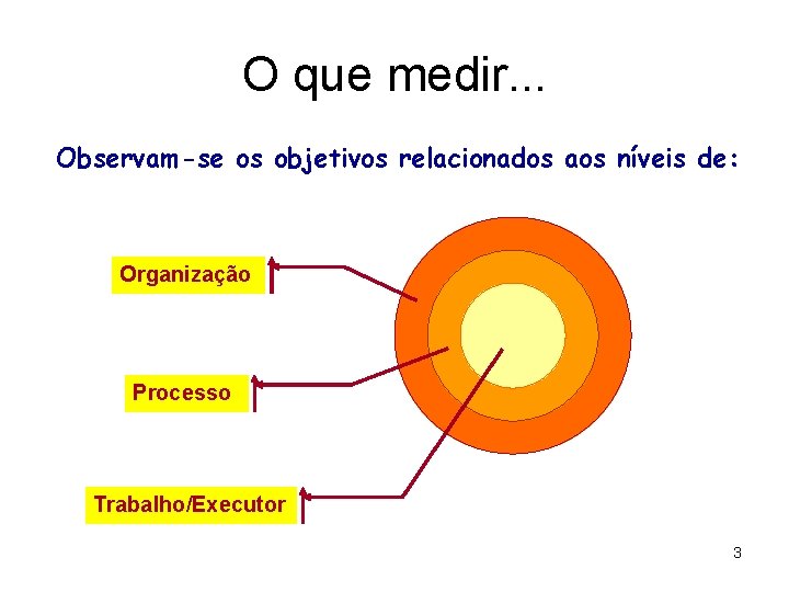 O que medir. . . Observam-se os objetivos relacionados aos níveis de: Organização Processo