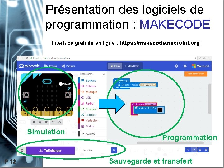 Présentation des logiciels de programmation : MAKECODE Interface gratuite en ligne : https: //makecode.